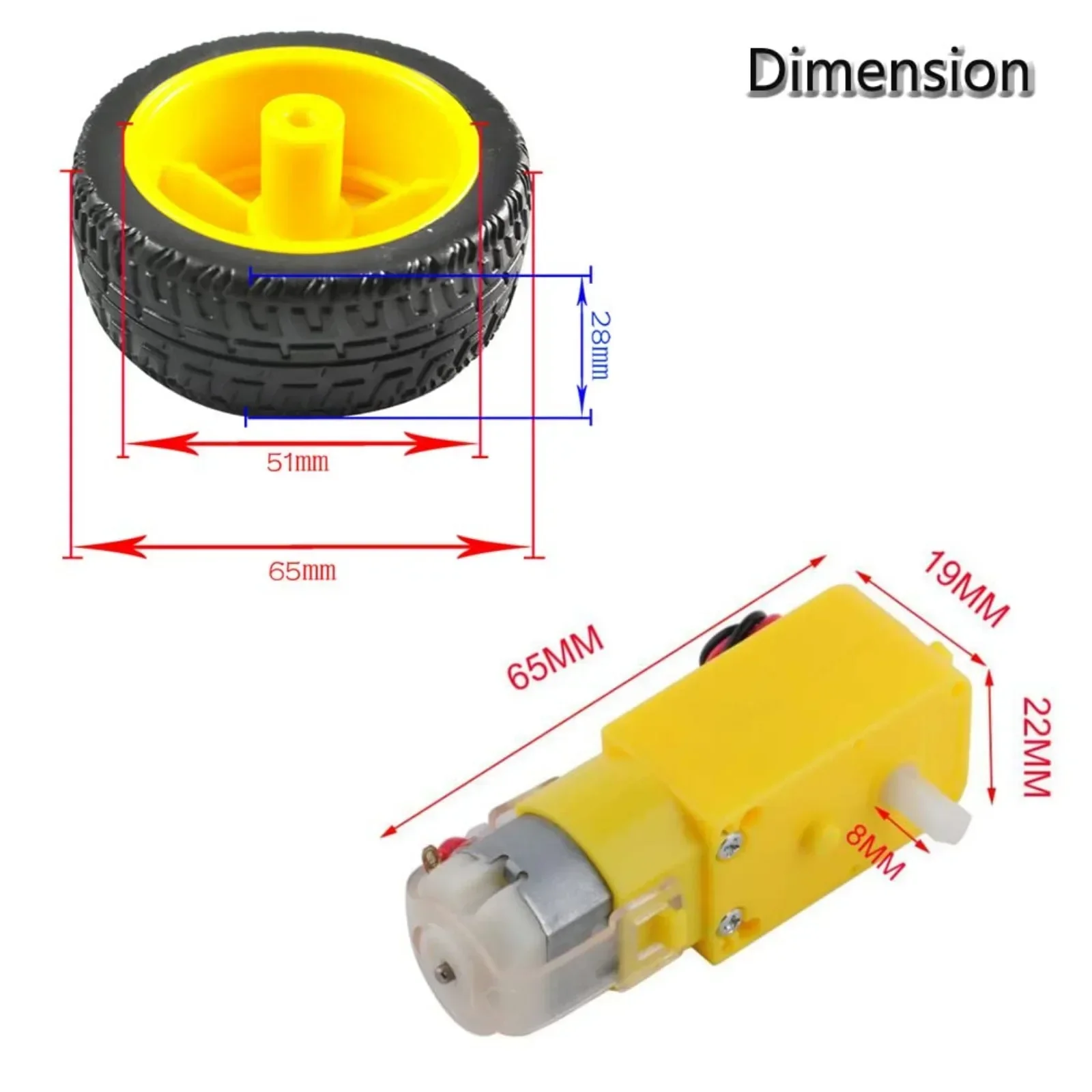 TT Motor 200RPM 3-6V Dual Shaft Geared Magnetic Motors with Plastic Tire Wheel Ratio 1:48 DC Motor for Arduino Car Chassis