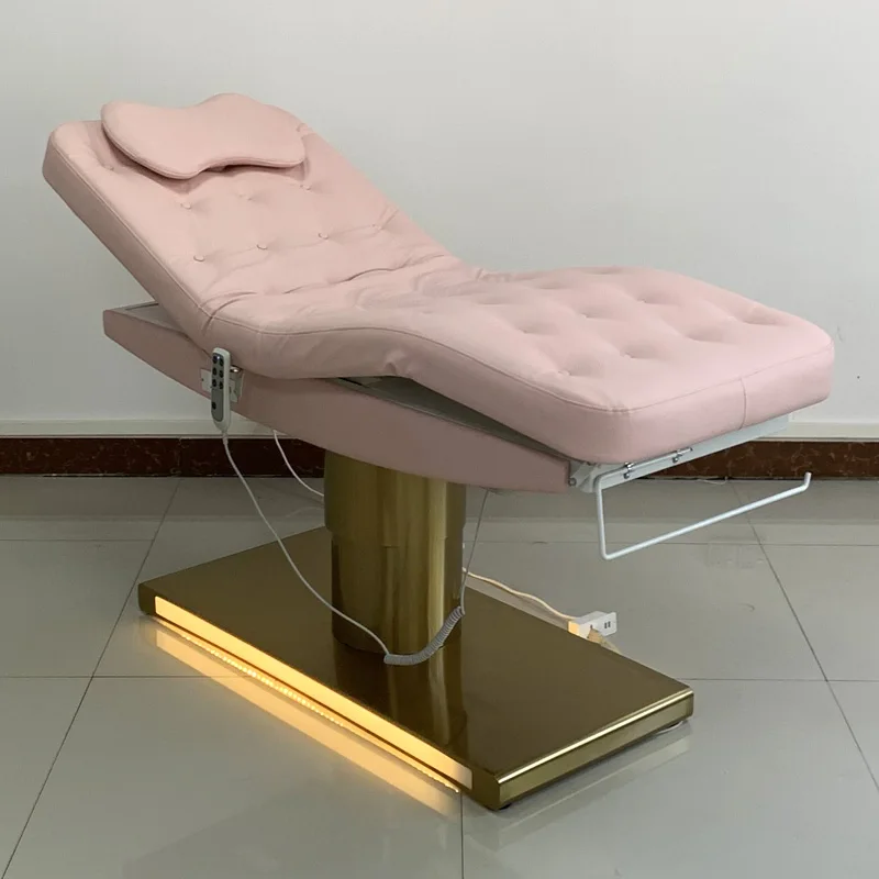 

Luxury Pink Tufted Leather Gold Salon Spa Bed Beauty Equipment 3 Motors Electric Cosmetic Table Massage Bed With Led