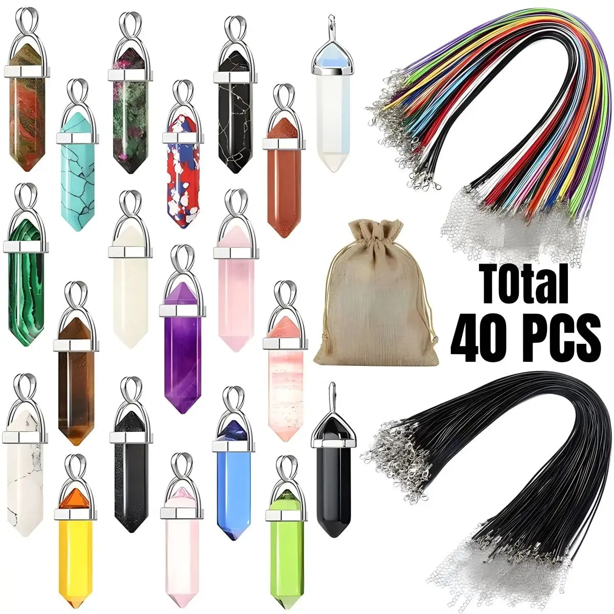 40PCS/30PCS Hexagonal Chakra Synthetic Crystal Pendant , Pointed Quartz Stone With Leather Necklace Chain Storage Bag