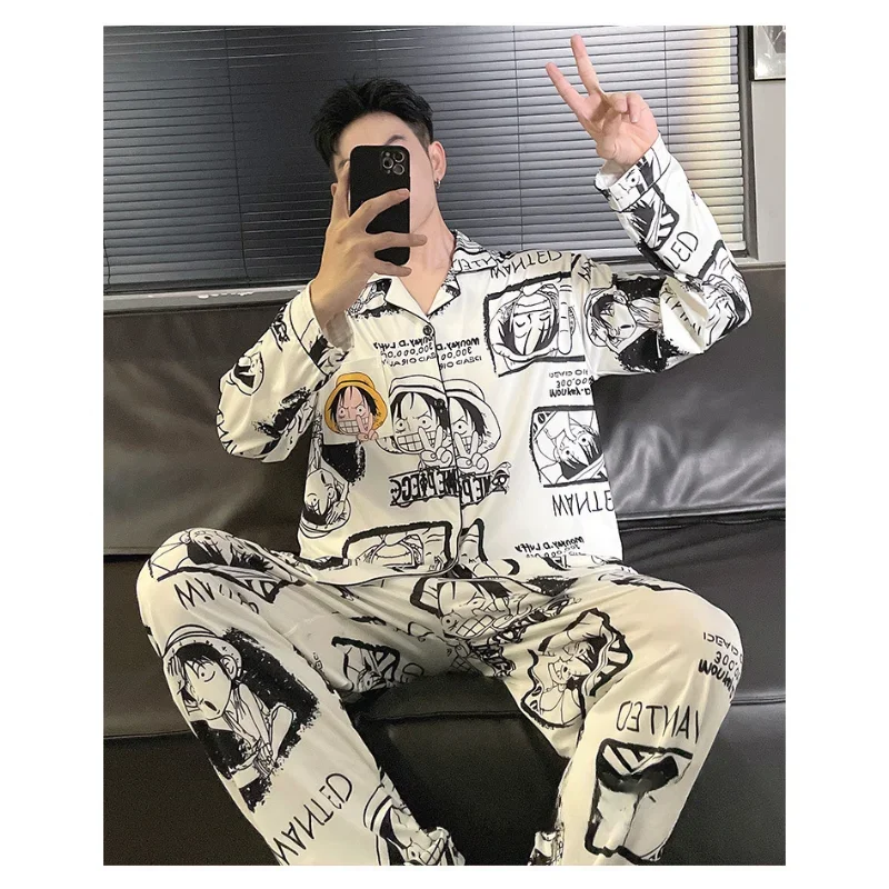 ONE PIECE Luffy autumn pure cotton cartoon long-sleeved trousers casual men\'s pajamas two-piece loungewear silk pajamas men