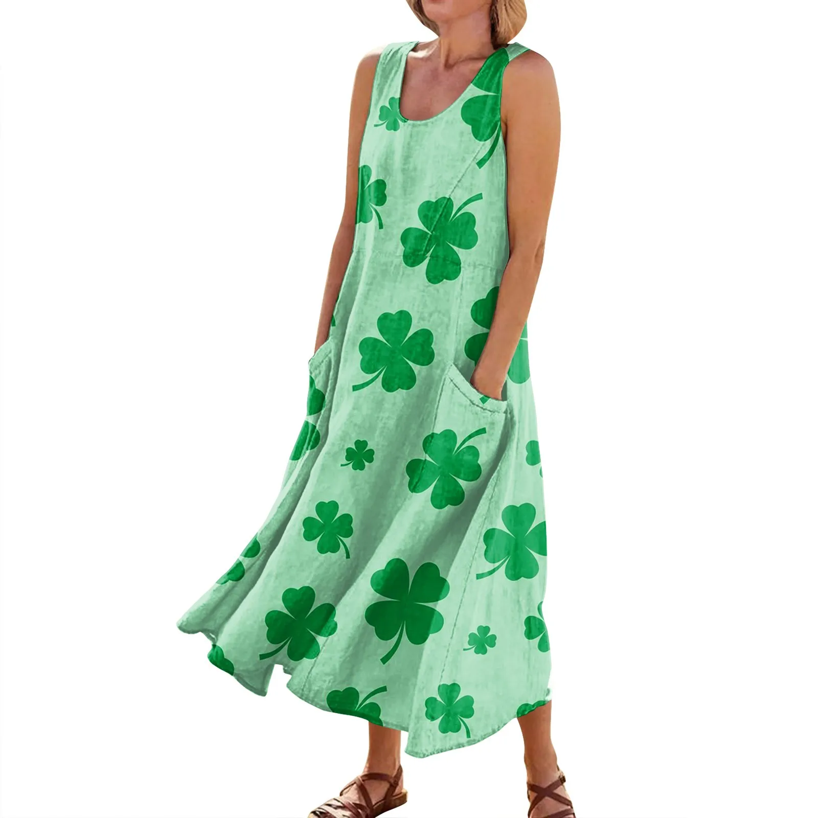 

St. Patricks Day Women Sleeveless V-neck Dresses Irish Festival Green Shamrock Clovers Dress Four-leaf Clovers Long Vestidos