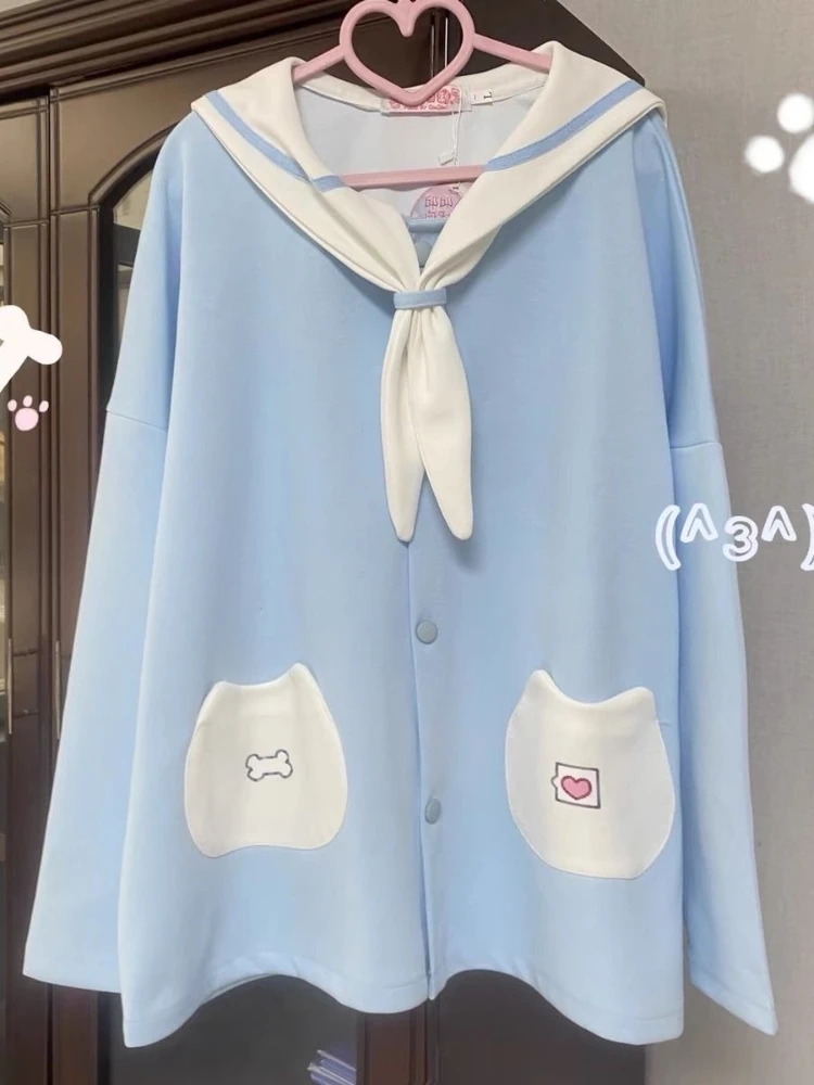 Japońska Kawaii Cienka Granatowa Bluza z Długim Rękawem Kurtka Uroczy Nowy Kardigan 2025 Długi Rękaw Wąskie Topy Moda Nowa Jesień