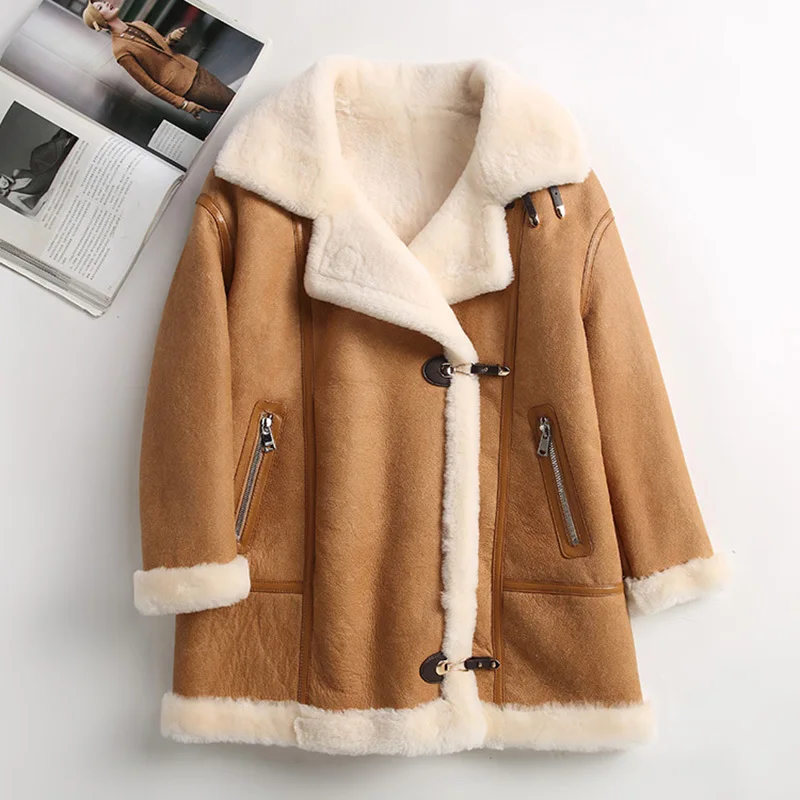 2024 Women\'s Winter Real Sheepskin Leather Long Jacket Luxury Double Face Lamb Fur Lining Coats Shearling Coat