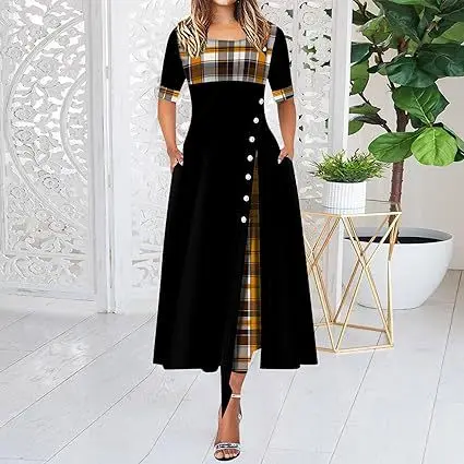 

Women's Irregular Lattice Patchwork Long Dresses Vintage ButtonsRound neck mid-sleeved Casual Lady Commuting Dress Fashion