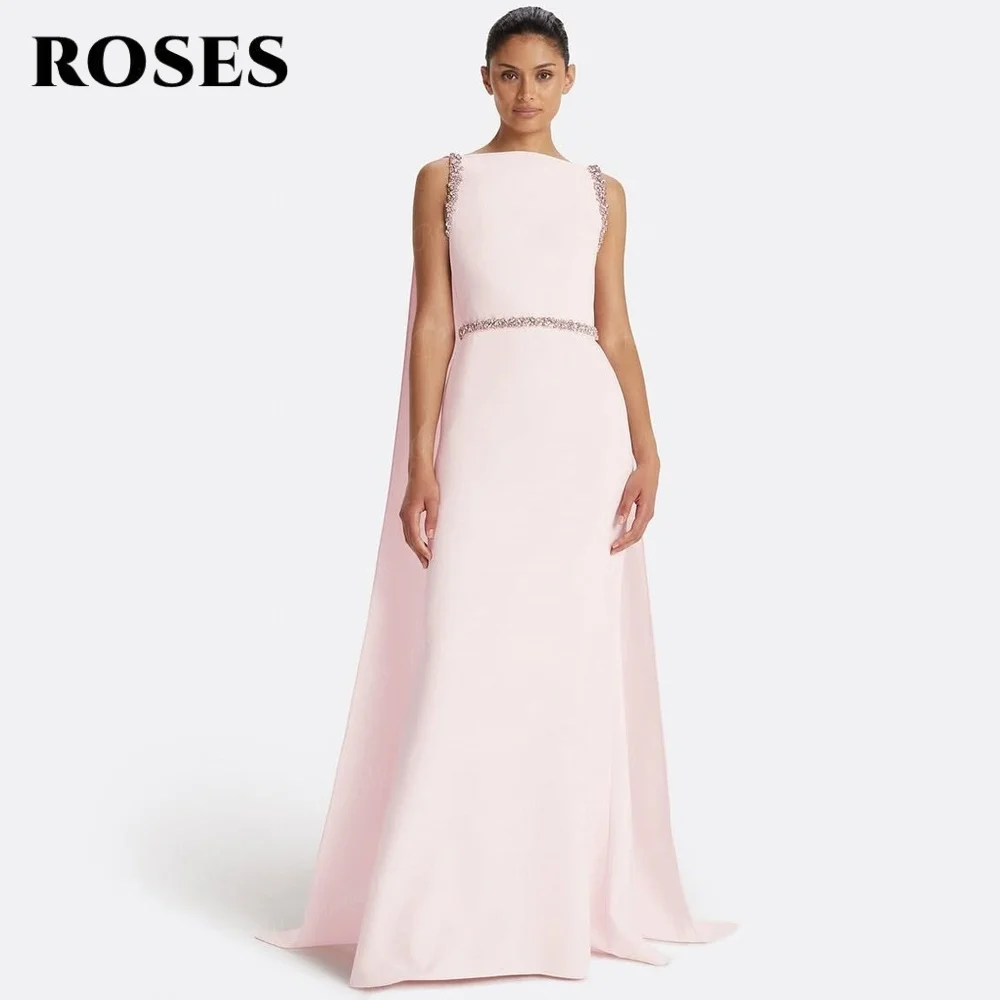 

ROSES Blush O-Neck Prom Dresses Sleeveless Trumpet Elegant Celebrity Dress with Cape Pleats Satin Women Evening Dress Customized