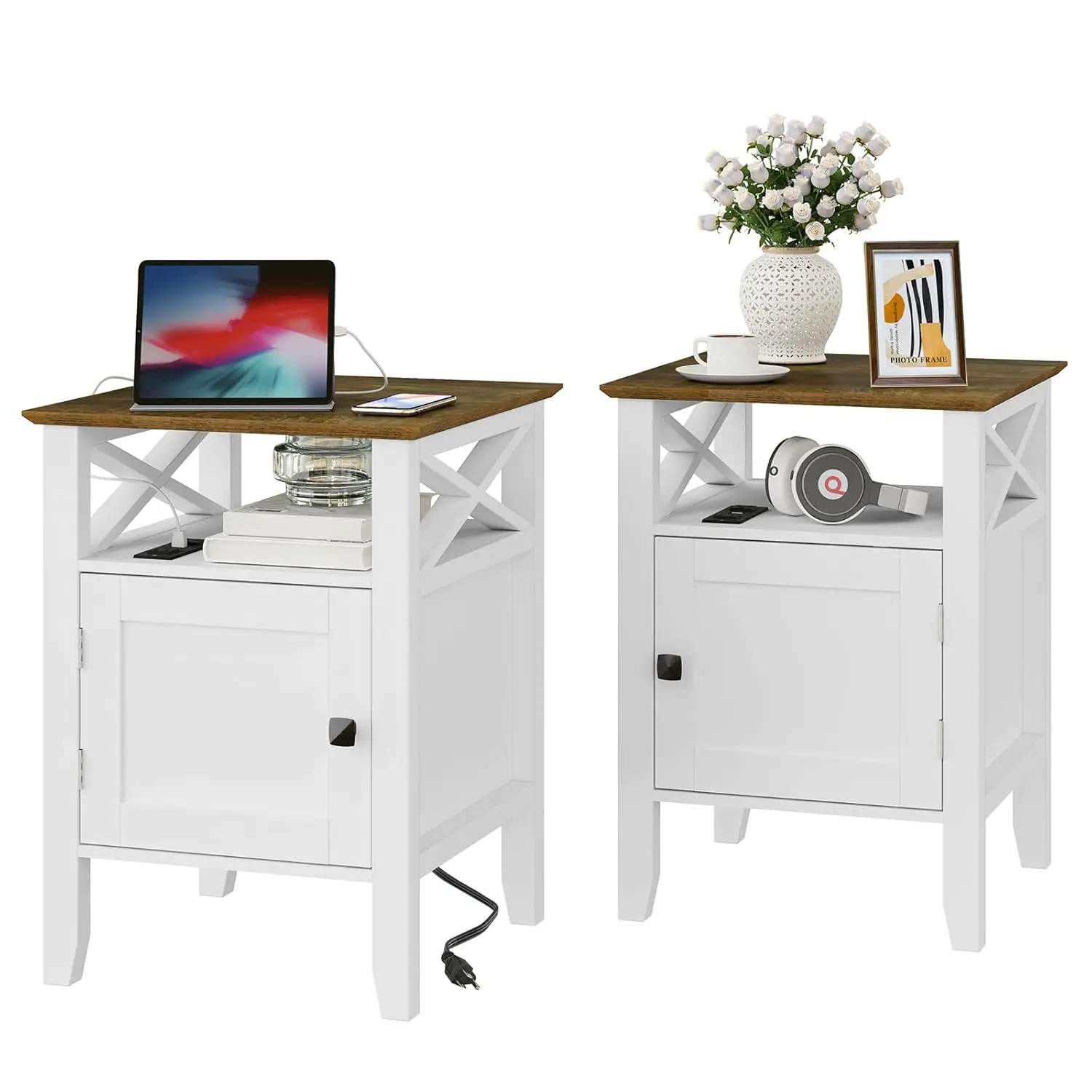 

Night Stands Set of 2, Bedside Table Set 17.8" D x 17.8" W x 24" H White End Table with Charging Station Farmhouse Night Stand w