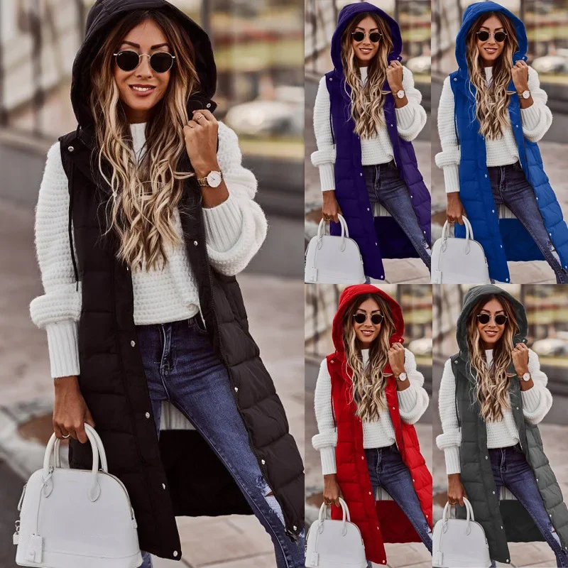 

Sleeveless Jacket Women Fashion Casual Solid Color Coats Warm Elegant Polychrome Hooded Slim Street Hipster Lady Cotton Overcoat