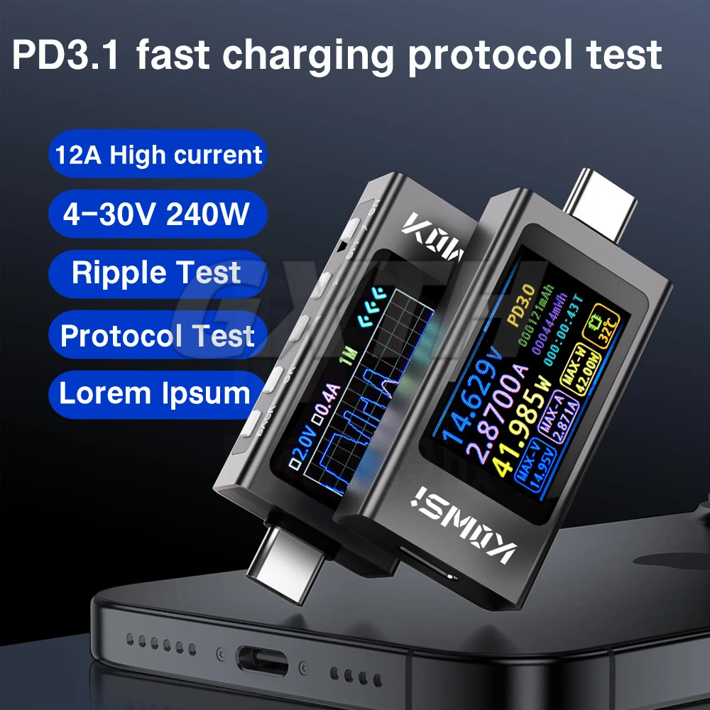 KWS-X1 Type-C Ammeter Voltmeter Tester DC 3.3-36V 0-12A Fast charging trigger meter QC/PD/PPS