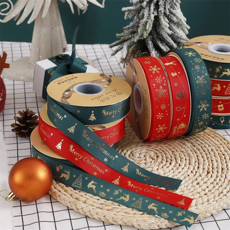 2.5cm 25yards Christmas Ribbon Printed Christmas Polyester Ribbon For Handmade Christma Decoration DIY Cake Bouquet Gift Packing