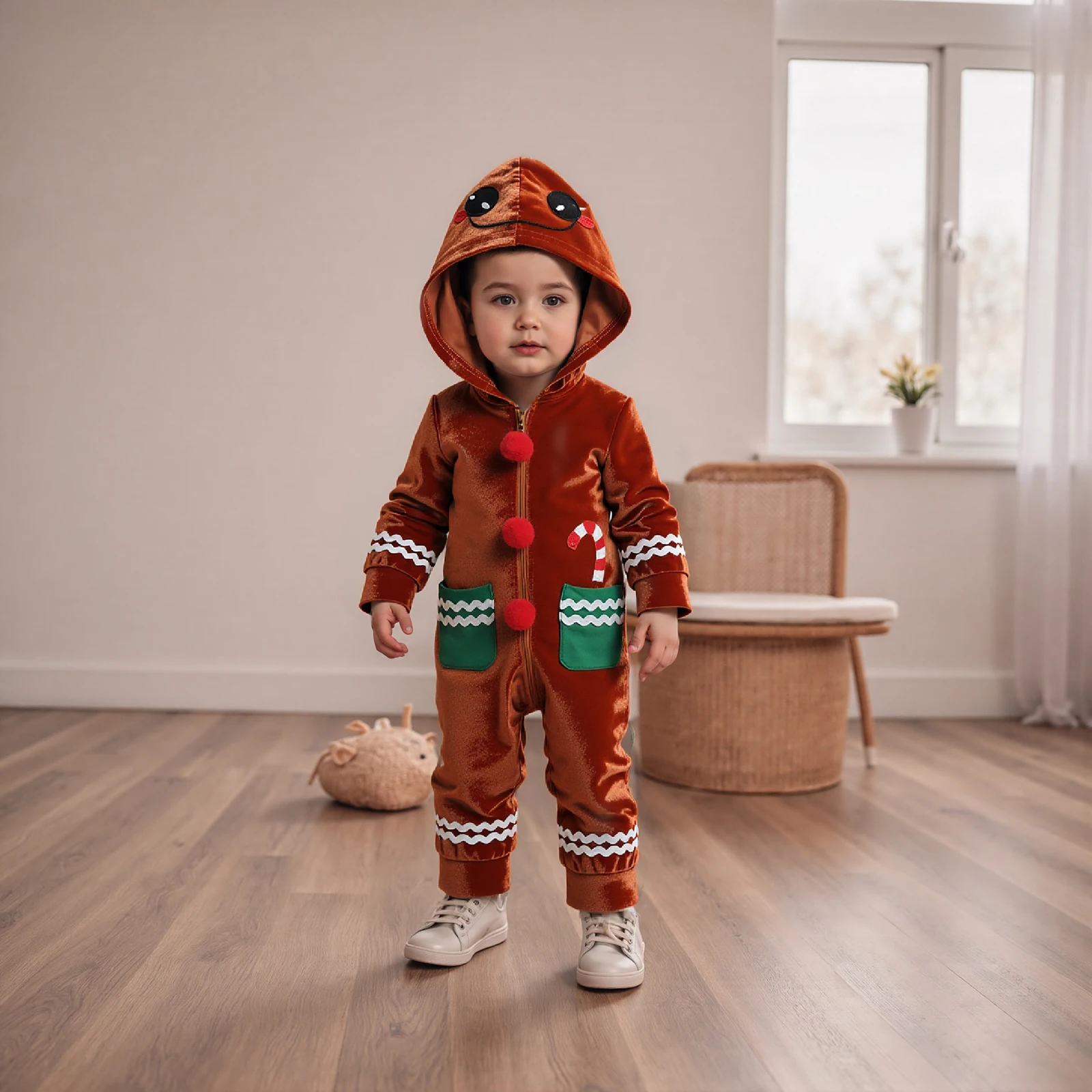 

Детский рождественский бархатный комбинезон с пряничным человечком и длинными рукавами на молнии с капюшоном для мальчиков и девочек Рождественская одежда