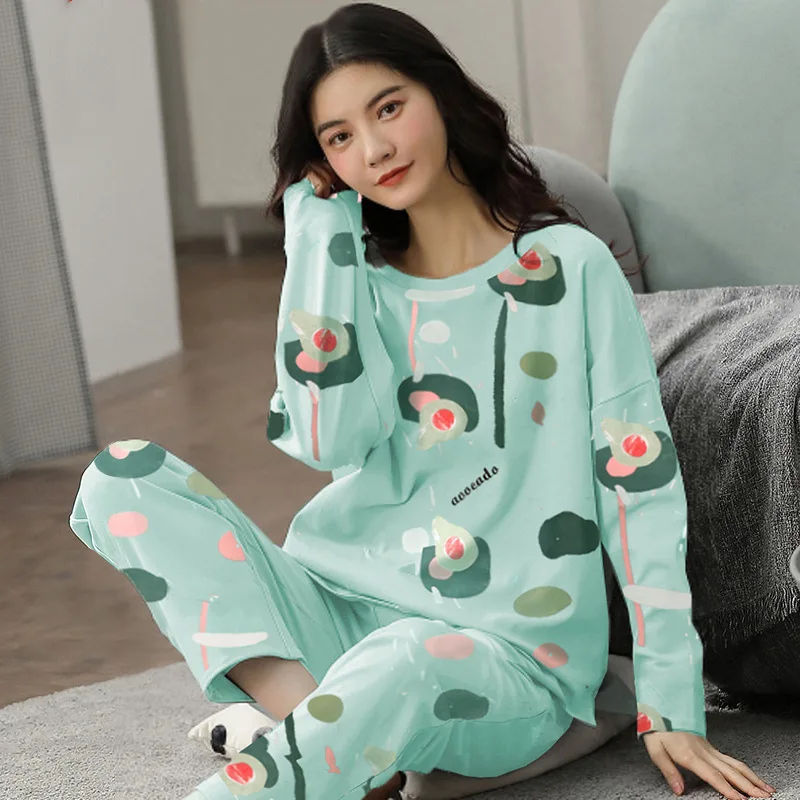 Spring Autumn Womens Polyester Pajamas Plaid Cartoon Sleepwear Long Set Home Service Women\'s Loose Casual Suit Large Size 5XL