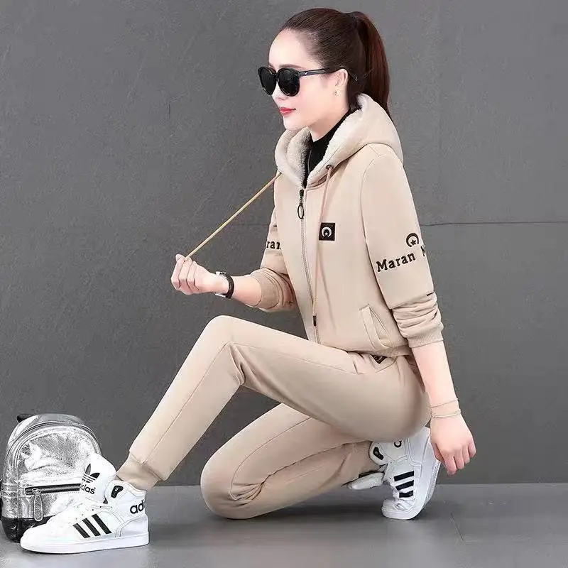 Korean Popular Autumn and Winter New Plush Thick Hoodie Casual Trousers Two-piece Elegant Women\'s Running Sports Suit Pants Set