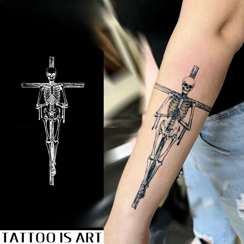 Herbal Realistic Skeleton Cross Temporary Tattoo for Woman Arm Punk Y2K Punk Waterproof Long Lasting Tattoo Tatuajes Temporales