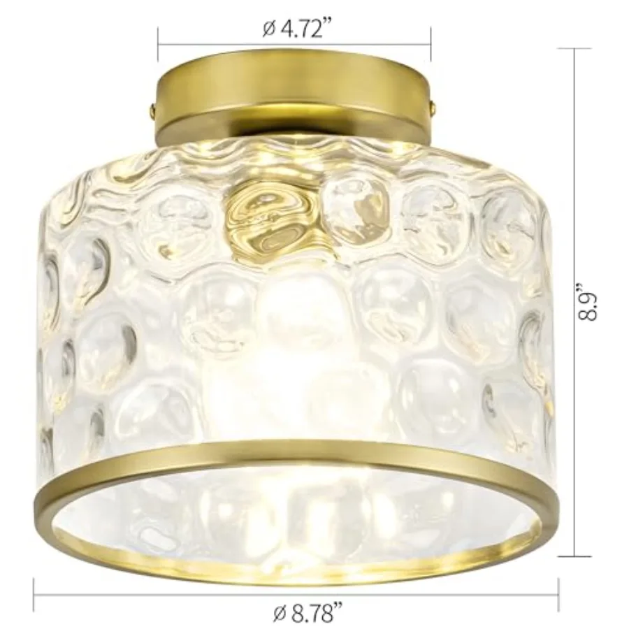 Flush Mount Ceiling Light with Clear Hammered Glass lampshade, Farmhouse Ceiling Lights Fixture in Satin Brass for Kitchen Bath view 2