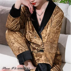 Autumn Winter Female Sleepwear Velvet 2PCS Pajamas Set Fashion Jacquard Loungewear Cardigan Trouser Suits Casual Velour Homewear