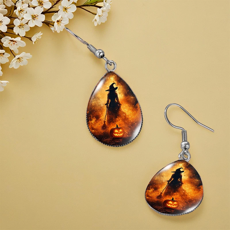 الساحرة في لهب الهالوين توضيح هدية مجوهرات زجاجية عصرية على شكل أقراط متدلية #3