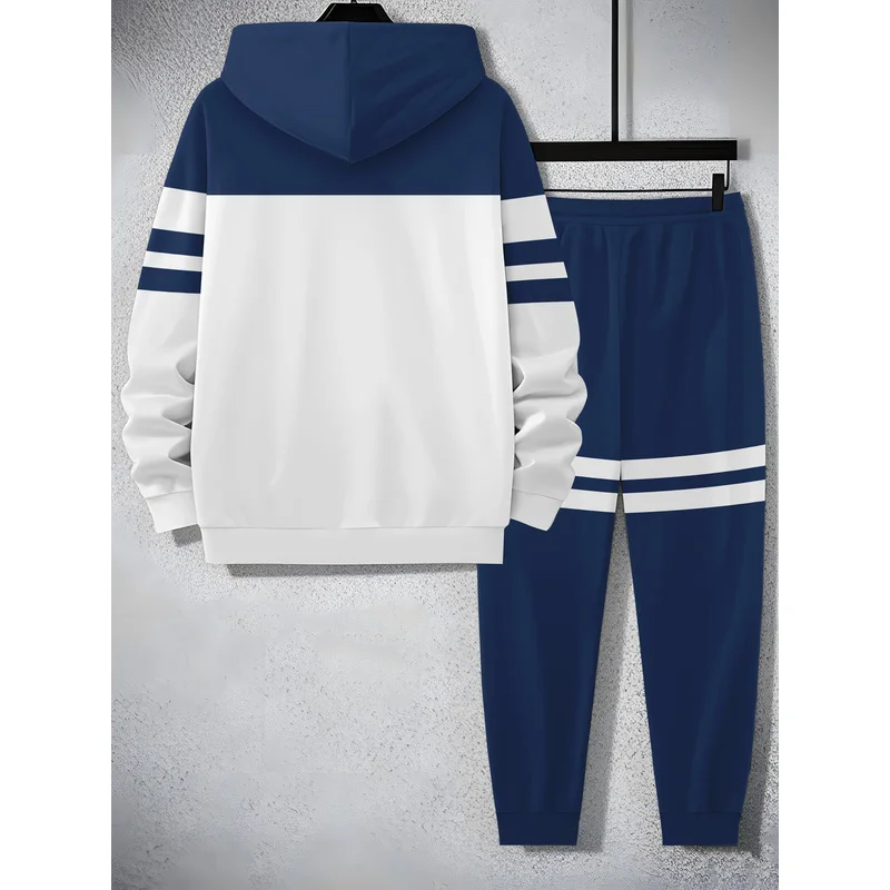 The Men'S Casual Sportswear Set Includes A Hooded Sweatshirt And A Pair Of Blue And White Color Block Designed Pants - view 5