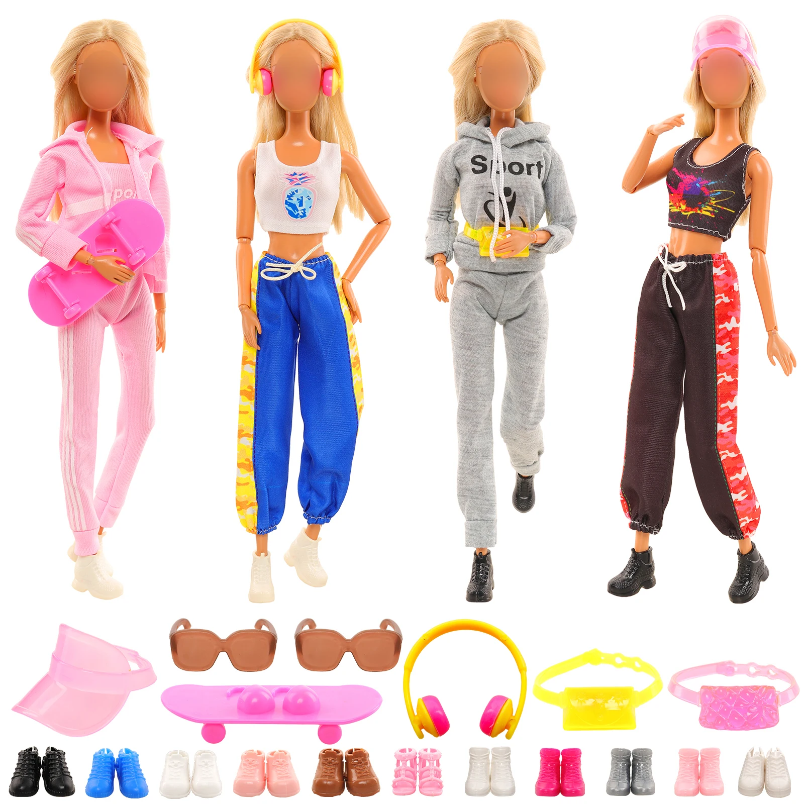 Barwa 16 Pcs Doll Clothes and Accessories Multiple Styles Sports Suit Tops Pants Sun Hat Pocket Scooter Sunglasses Headset