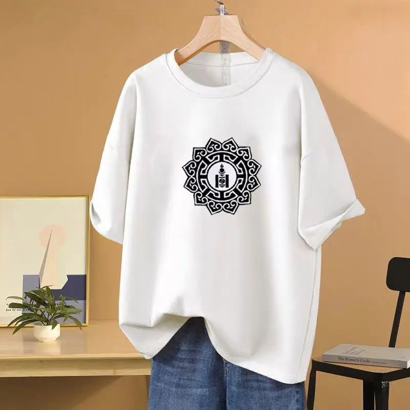 

Summer Loose Y2k Printed O-neck Pure Cotton T-shirt Women Clothing Short Sleeve O-neck Casual Loose Comfortable Tops