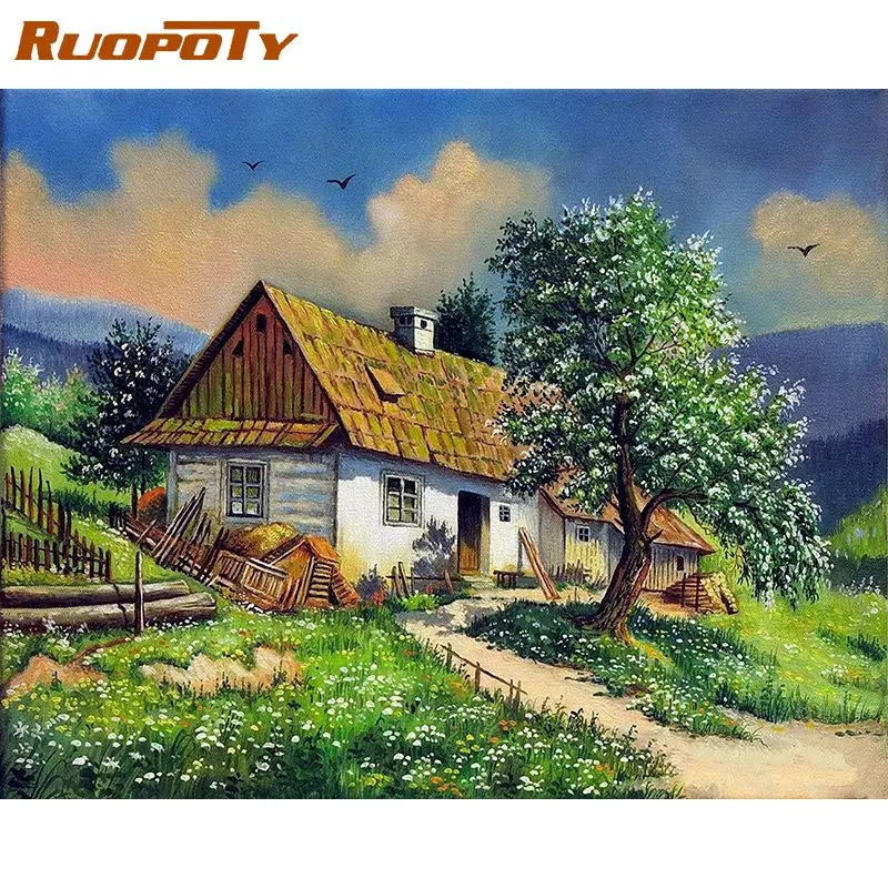 

RUOPOTY Frame Diy Painting By Numbers Kits For Adult House Landscape Modern Wall Art Acrylic Canvas By Numbers Diy Home Art Gift