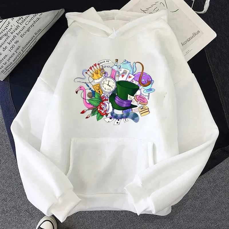 Harajuku Creative Funny Women Hoodies Disney Alice in Wonderland Print Fashion Casual Round Neck Pullovers Sweatshirts Tops