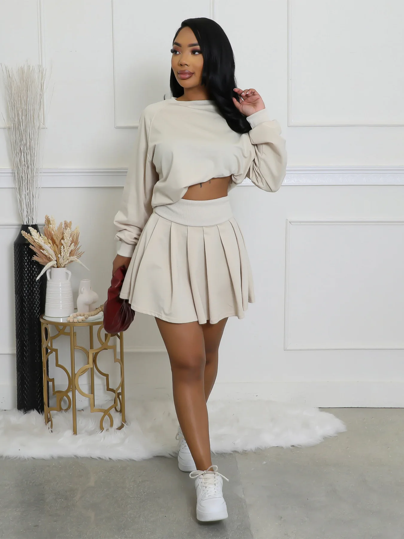 Prowow ファッションソリッドカラートレーナースカートツーピース女性服セット 2025 新着トレンドスリムフィットストリートスーツ