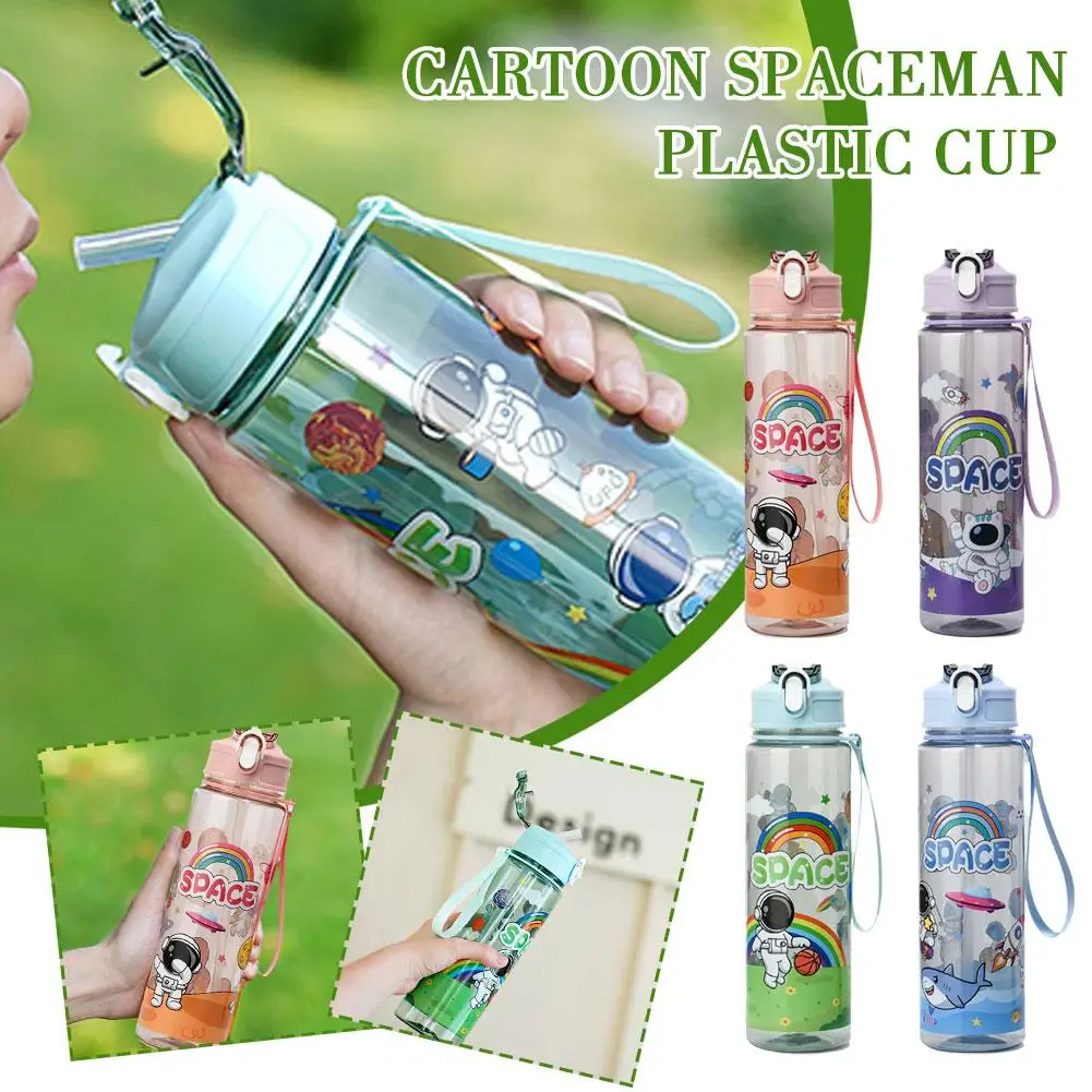 Children's Straw Cup Cartoon Astronaut Water Cup Bouncing Water Cover Cup Student Portable Sports Men Women Outdoor Plastic K6W8