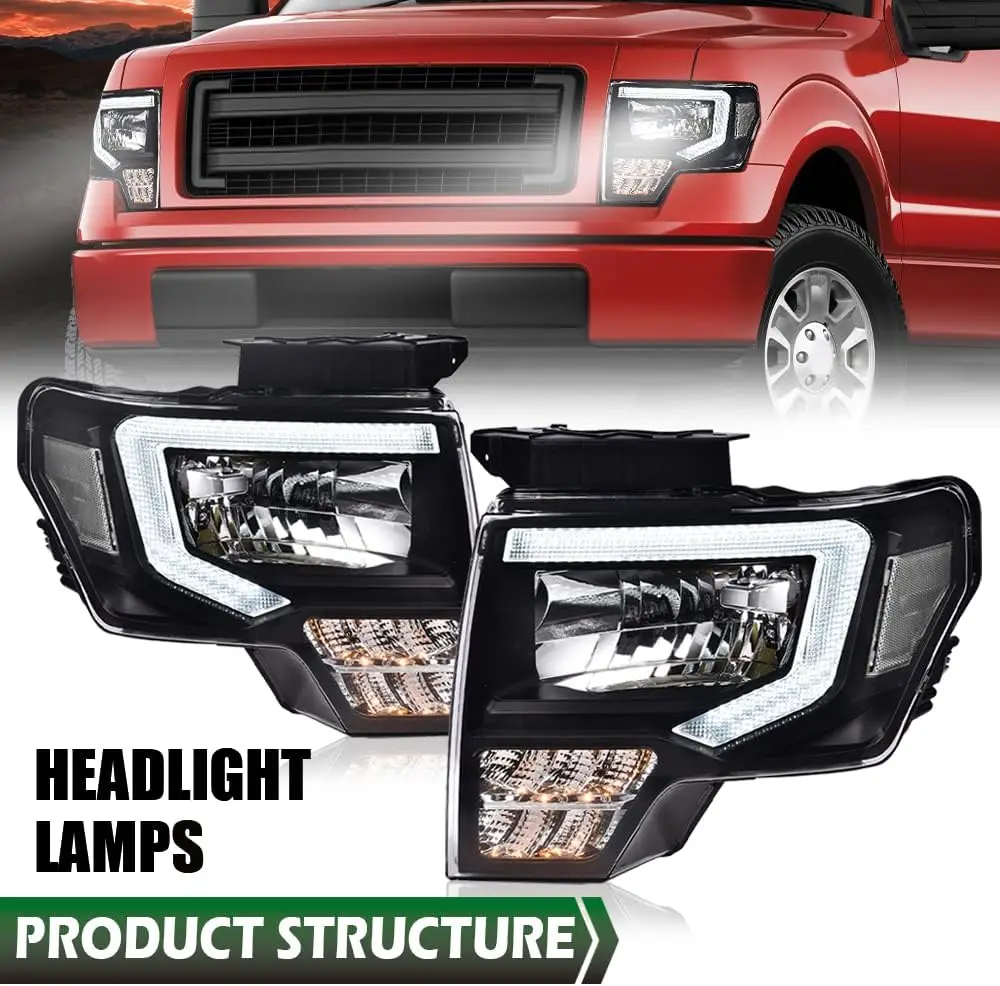 مجموعة مصابيح أمامية LED DRL متوافقة مع المصابيح الأمامية Ford F150 2009-2014 للسائق والركاب عدسة شفافة جانبية عاكسة بيضاء FO25