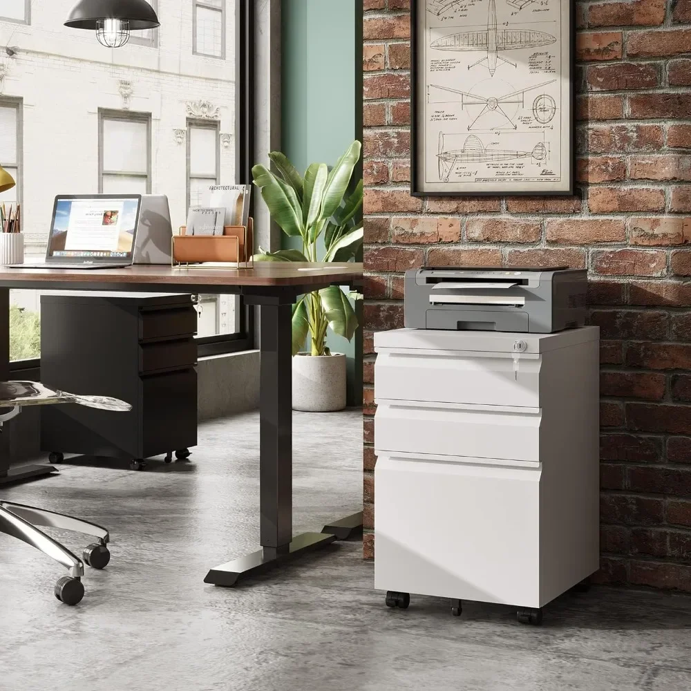 

3-Drawer Mobile File Cabinet (Under Office Desk), Assembled Except Casters, Fits Letter/Standard Sizes, White Filing Cabinets