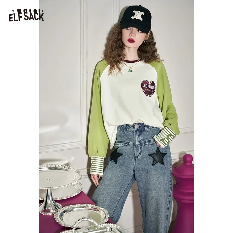 ELFSACK Women's Raglan Long Sleeve Tee with Heart Graphic, Contrast Color Striped Cuff Top for Everyday