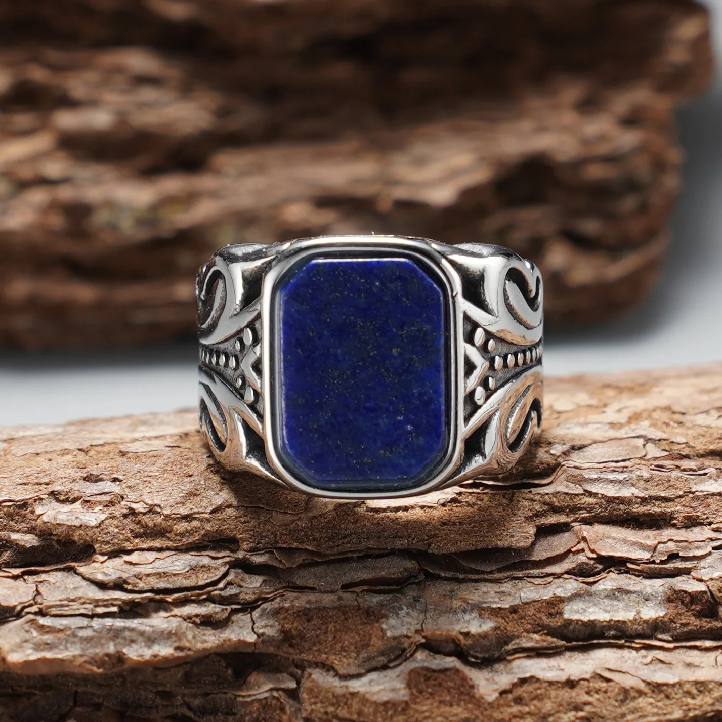 Herren Vintage 316L Edelstahl Rechteckiger Synthetischer Lapis Lazuli Siegelring, Hohlmuster Minimalistischer Trendiger Schmuck – Detail 5