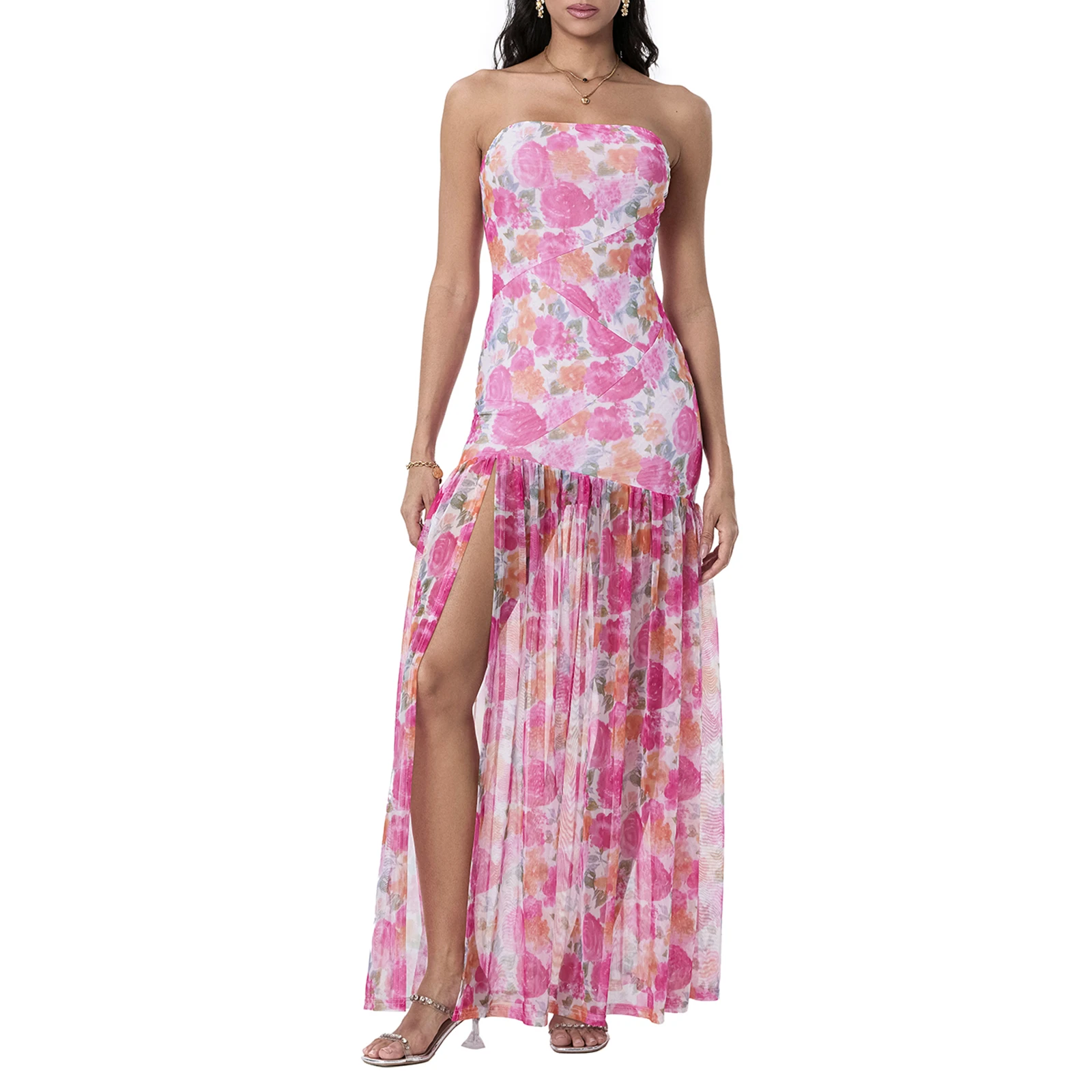 Dames Tube Top-jurk Slanke strapless rugloze mesh patchwork tropische print lange jurk met hoge split voor feestclubavond