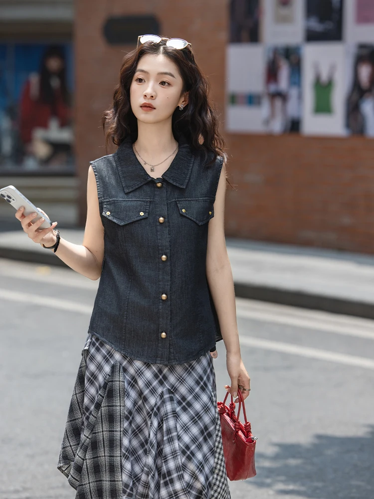 

Ретро-топ из денима Svel: универсальный, свободный, повседневный, тонкий, стандартной длины, однотонный, на пуговицах, с воротником, прямого кроя