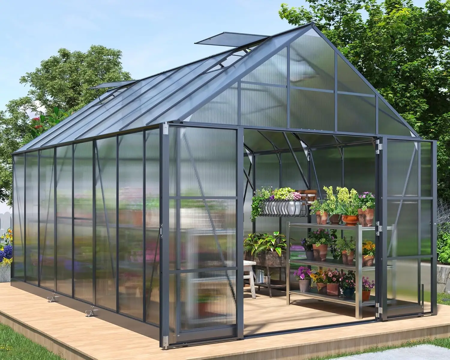 10x16x10 FT Polycarbonate Greenhouse with Double Swing Doors and 4 Vents 6.3FT Added Wall Height Walk-in Large Aluminum