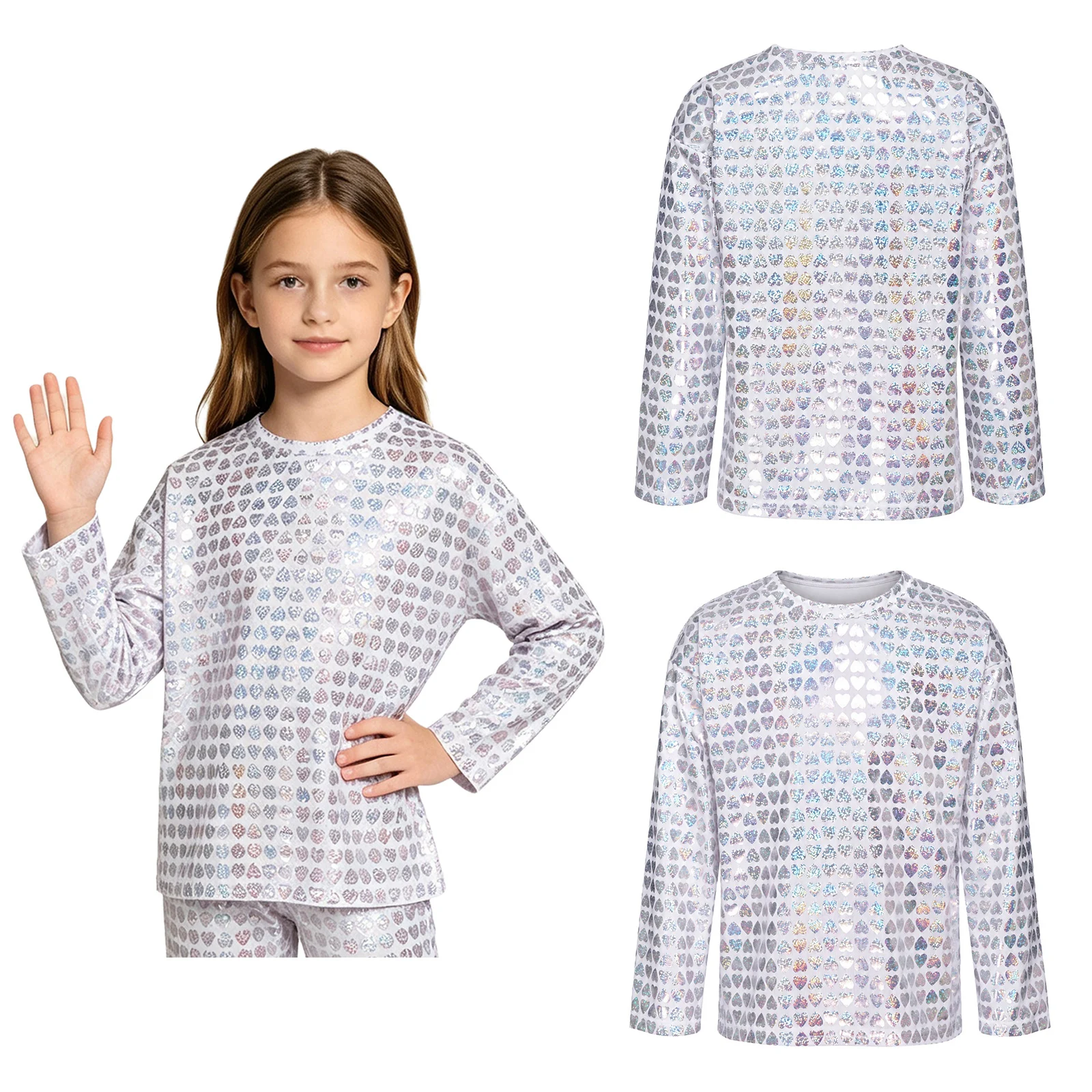 Boys Girls Metallic Disco Jazz Dance Tops for Stage Performance Outfit Shiny Hip Hop Dance Costume Kids Long Sleeve T-shirts