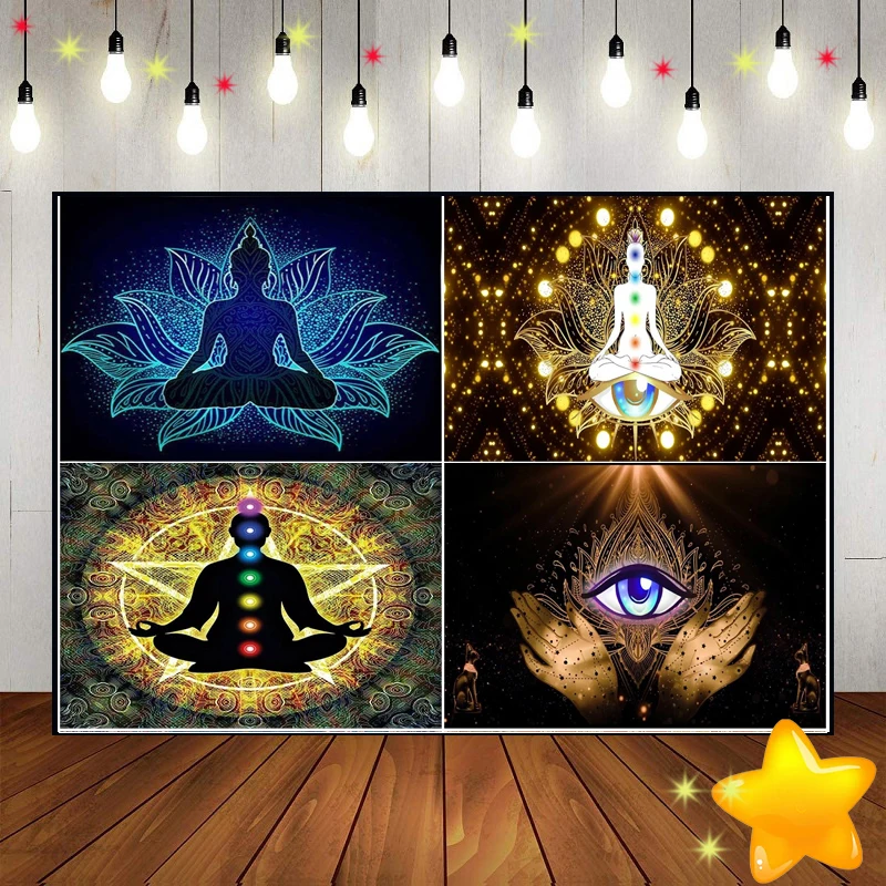 

Chakra Eyes Lotus Yoga Meditation Hanging Buddha Spiritual Bohemian Banner Custom Birthday Backdrop Background Party Decoration