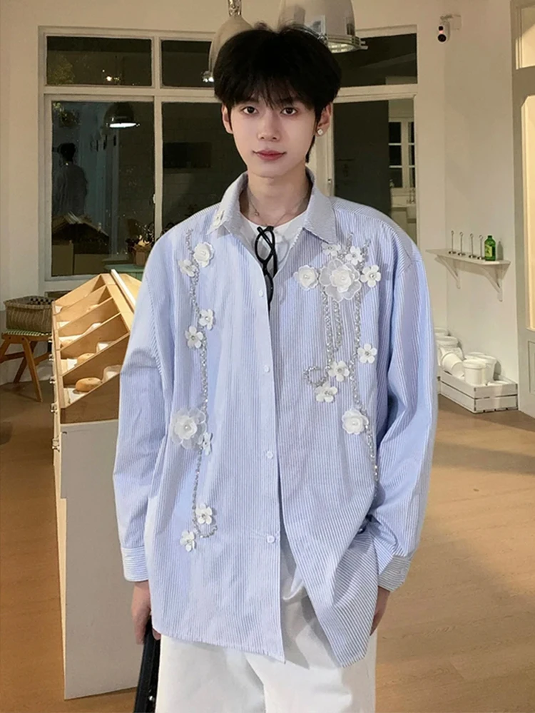 

New Chinese Sle Long Sve Men's irt Blue Stripes Patchwork Jaet Loose Fit Summer Thin Young Men's Faion Square Collar