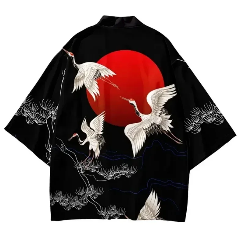 

Crane Pattern Print Kimono Cardigan Traditional Men Women Harajuku Yukata Top Japanese Haori Samurai Cosplay Streetwear Clothing