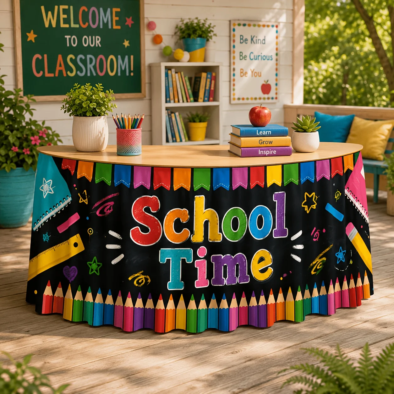 Party table skirt 1 piece. Colorful Campus Time Design. Suitable for classroom parties and weddings.