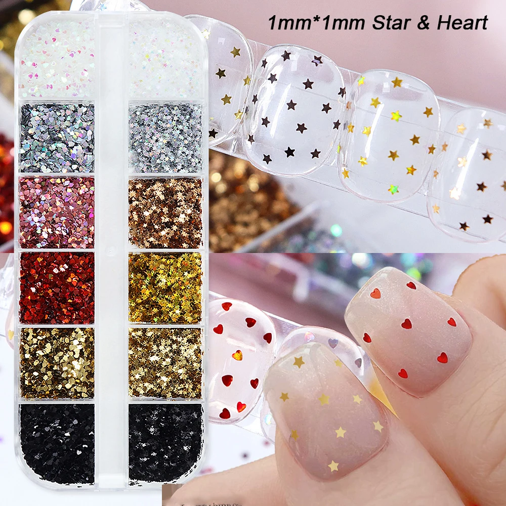 12 グリッド 1 ミリメートルキラキラ星ハートスパンコールゴールドホログラフィックネイルアートフレークスパンコールグリッターチャーム新年クリスマスネイル用品
