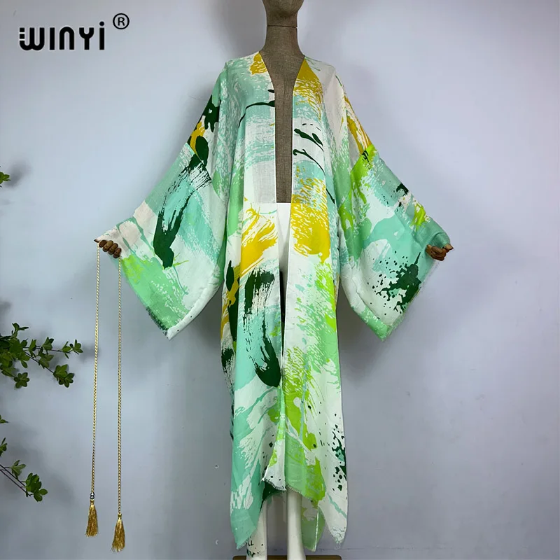 Winyi Kimono Zomerprint Y 2K Kaftan Bikini Cover-Up Elegant Vest Sexy Vakantie Maxi Strand Badpak Avond Feestjurk