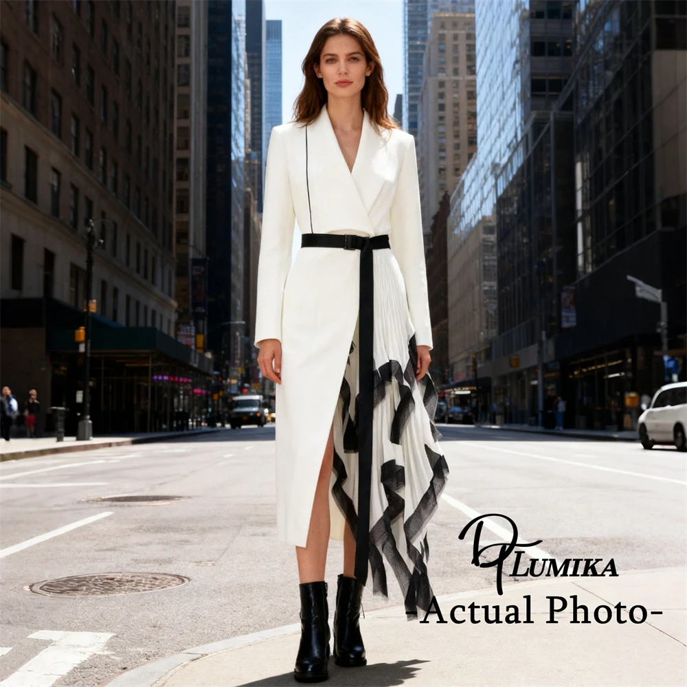 

DTLumika 2025 Autumn New White Pleat Coat for Women Black Belt Suit Jacket High End Outfit Women's Office Coat
