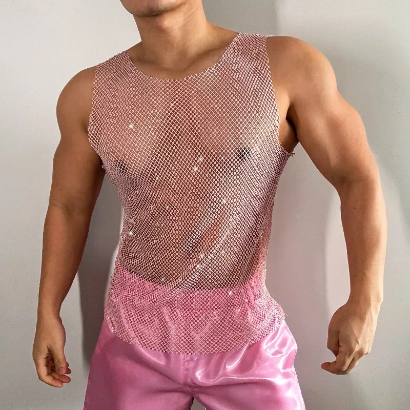 2025 Summer New Fashion Trend Rhinestone Men's Vest Hollow Out Hot Rhinestone Sexy Sleeveless Round Neck T-Shirt