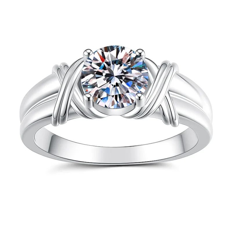 Light contrast of luxury cross wrap adjustable open ring for women with 2ct moissanite against brushed PT950 platinum fixtures