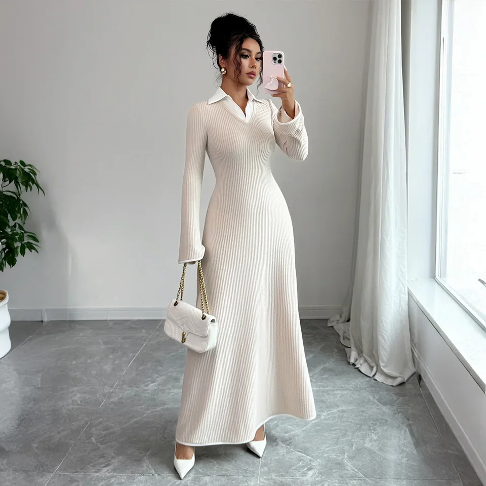 

Simple And Fashionable Style Solid Color Long-sleeved Skirt Dress Women's Clothing 2025 Lange Kleider Vestidos De Manga Larga