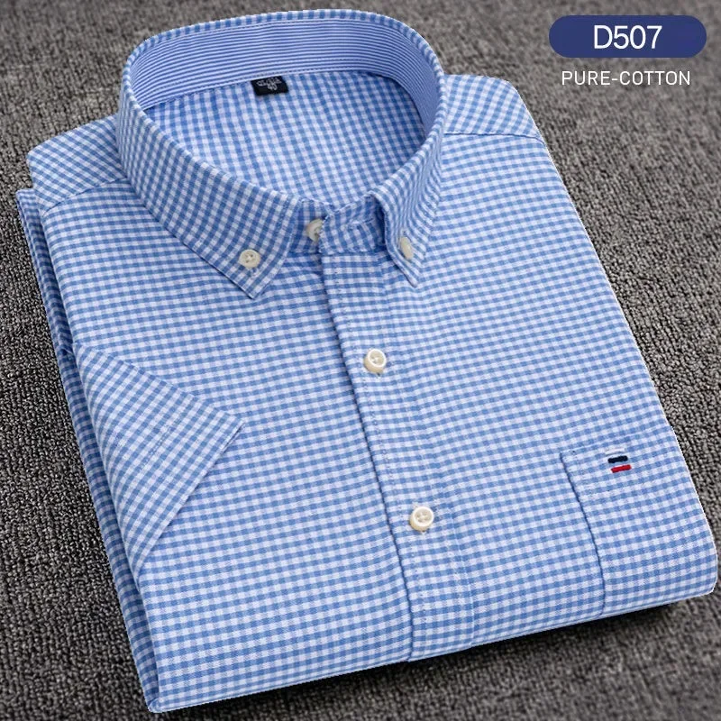 

Men's Summer Casual Shirts Oxford Short Sleeve Square Collar Soild Plaid StripedSingle Pocket Comfortable Cotton Shirt