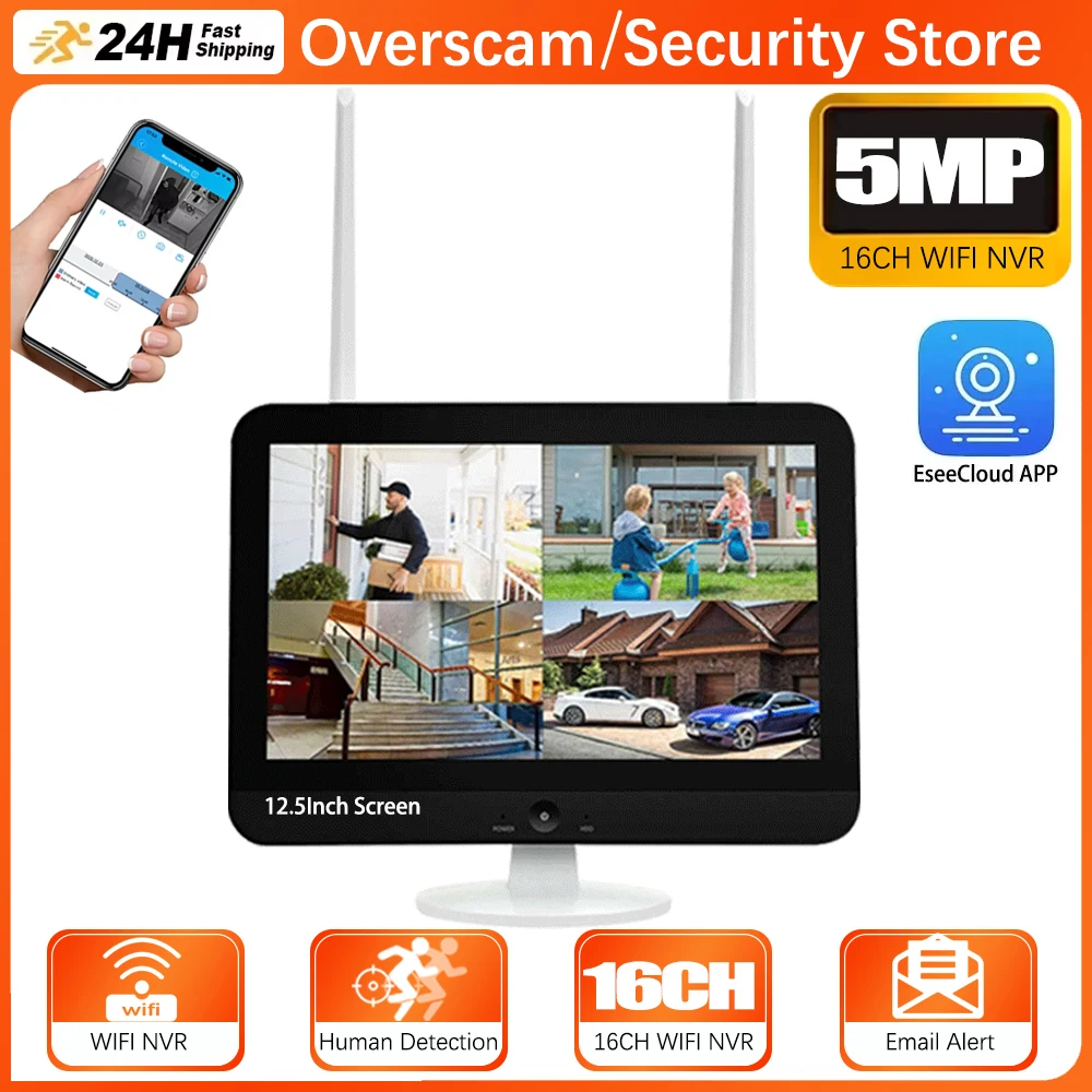 12.5Inch WiFi Screen Monitor Wireless System 16CH 5MP NVR Security WiFi IP Camera Surveillance Motion Detection ESeeCloud IP Pro