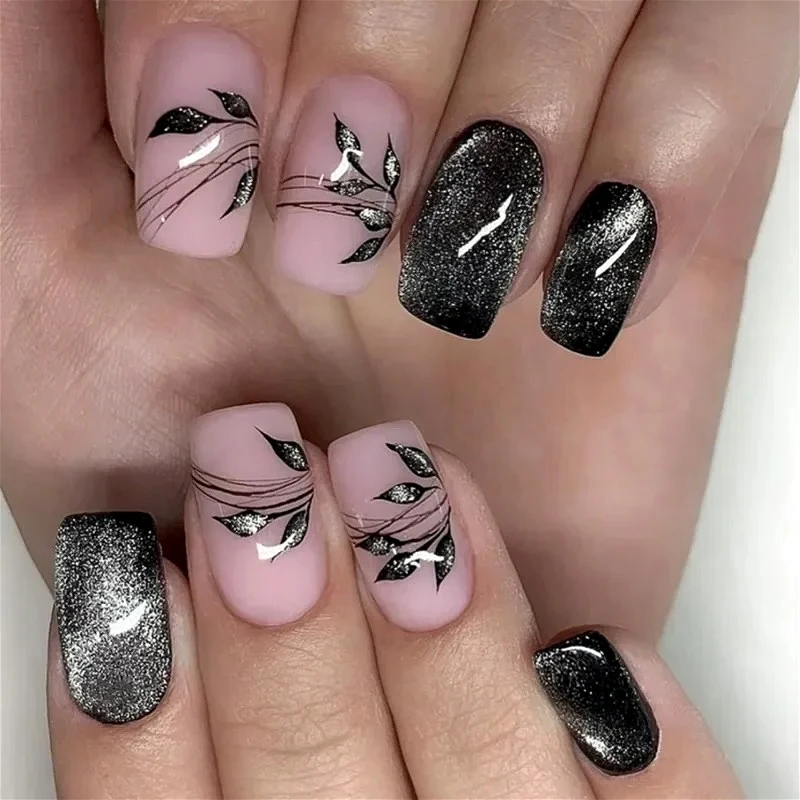 French Black Snake Pattern Polka Dot Flower Almond Fake Nails Art Star Long Pointed False Nails Moon Sun Square Press on Nails