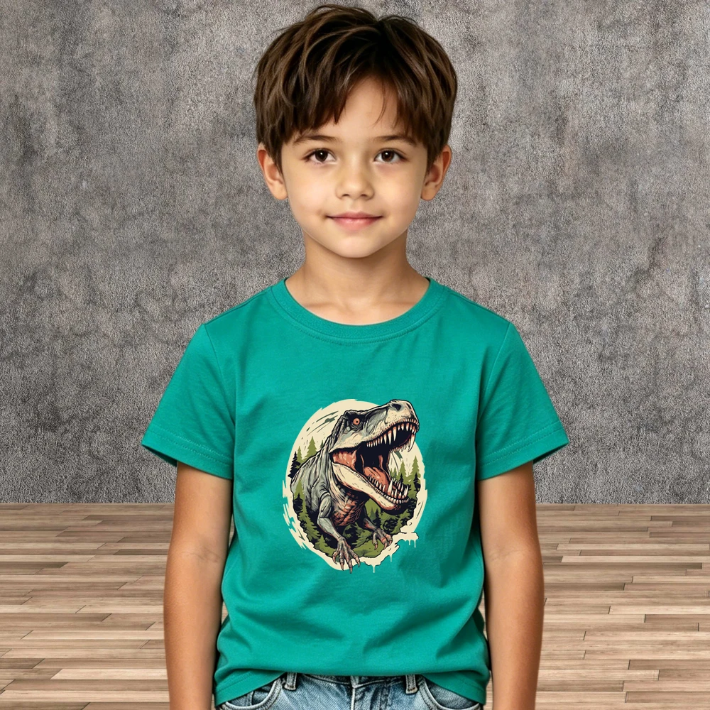 

Crew Neck Kids Boys Dinosaur Printed Cotton Tops Summer Daily Wear Shirts