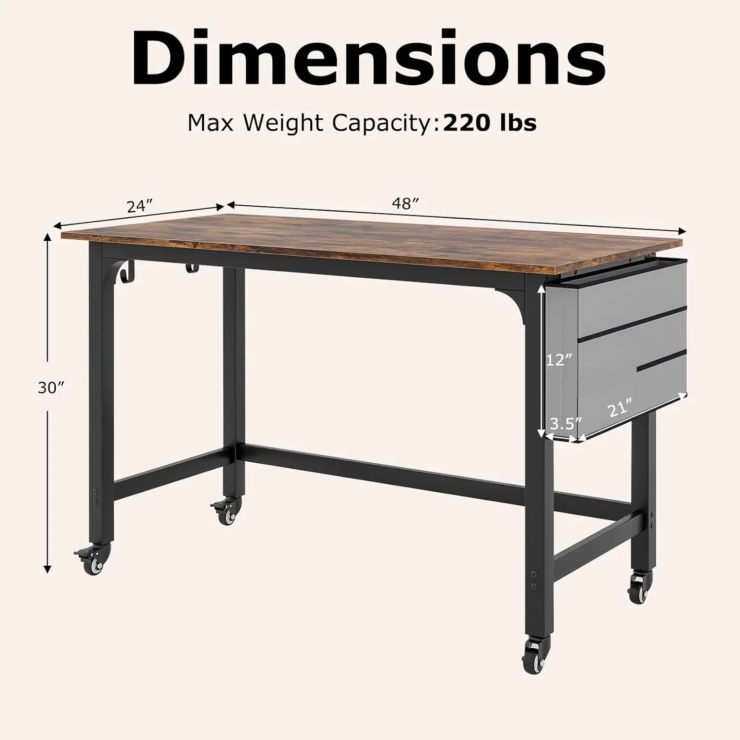 Ldaily Standing Desk com Rodas, Mesa De Conferência Sobre Rodas, Saco De Armazenamento, Ganchos De Auscultadores, Computador De Rolamento